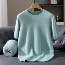 Men's 100% Mink Cashmere Round Neck Knitted Short Sleeved Loose Solid Color Half Sleeved Simple T-Shirt Casual Business Clothing