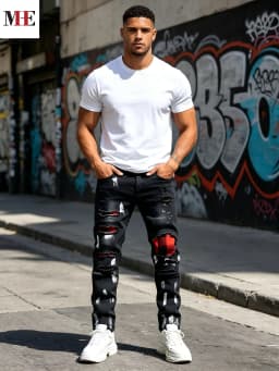 HME Men's Black Gray Denim Pants, Plaid Patch Paint Splatter Slim Skinny Jeans for Streetwear