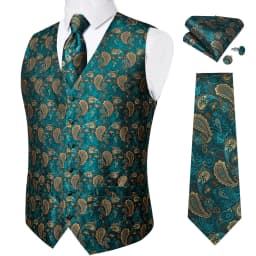 Luxury Brown Paisley Suit Vest Set for Men Neck Tie Pocket Square Cufflinks Wedding Party Tuxedo Male Blazer Waistcoat