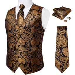Luxury Brown Paisley Suit Vest Set for Men Neck Tie Pocket Square Cufflinks Wedding Party Tuxedo Male Blazer Waistcoat