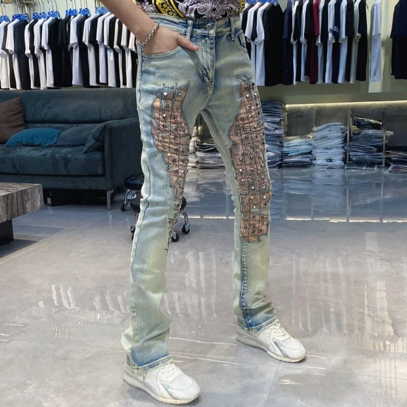 New Splicing Ripped Jeans Men's Rivet Decoration Mens Jeans Brand 2026 Fashion Trendy Versatile Long Pants Jeans Masculina