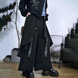 Dark Gothic Embroidered Ribbon Layered Irregular Skirt Pants Genderless Streetwear Y2k Japanese Hakama Samurai Pants Unisex 2024