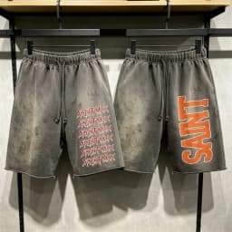 Retro High Street Washed Distressed Saint Shorts Men Women Elastic Drawstring Letter Print Sports Shorts Cut Edge Cropped Pants