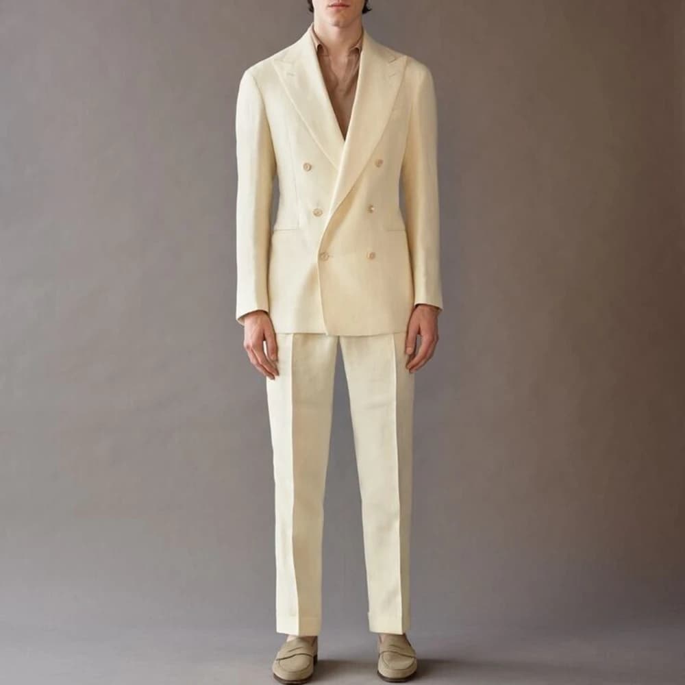 High End Suit For Men Cream Double Breasted Tuxedo Wedding Party Prom Beach Casual Business Suit Two Piece Jacket Pant