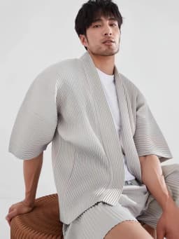 Miyake Pleated Kimono Jacket Men Japanese Style Half Sleeve Short Sleeve Open Front Casual Cardigan Loose Fit Streetwear Top