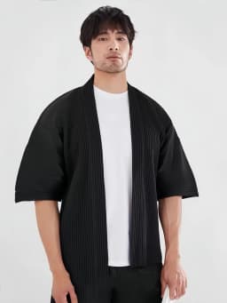 Miyake Pleated Kimono Jacket Men Japanese Style Half Sleeve Short Sleeve Open Front Casual Cardigan Loose Fit Streetwear Top