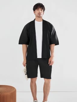 Miyake Pleated Kimono Jacket Men Japanese Style Half Sleeve Short Sleeve Open Front Casual Cardigan Loose Fit Streetwear Top