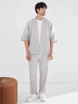 Miyake Pleated Kimono Jacket Men Japanese Style Half Sleeve Short Sleeve Open Front Casual Cardigan Loose Fit Streetwear Top