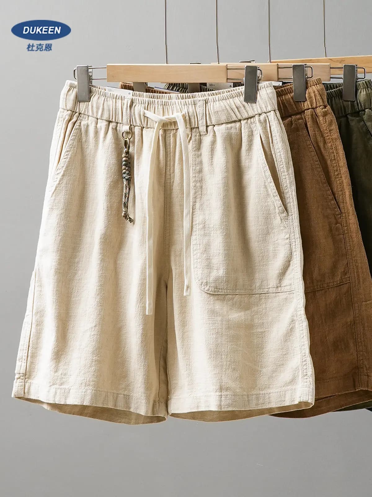 DUKEEN Men's Linen Blend Cargo Shorts Summer Breathable Drawstring Casual Beach Shorts Loose Fit Knee Length Straight Leg Shorts