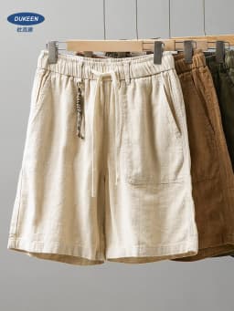 DUKEEN Men's Linen Blend Cargo Shorts Summer Breathable Drawstring Casual Beach Shorts Loose Fit Knee Length Straight Leg Shorts