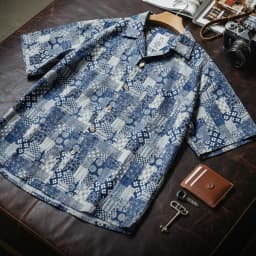 Maden Men's Cotton Printed Short Sleeve Shirt Boro Patchwork Casual Button Overshirt Lightweight Breathable Summer Outwear