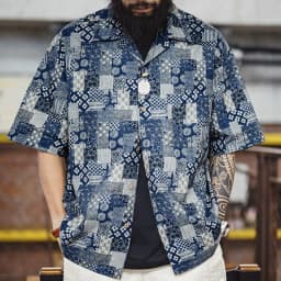 Maden Men's Cotton Printed Short Sleeve Shirt Boro Patchwork Casual Button Overshirt Lightweight Breathable Summer Outwear