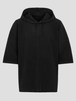 Miyake Pleated Men Black Sweatshirt Three Quarter Sleeve Hoodie With Big Pockets Breathable Loose Drawstring Casual Top