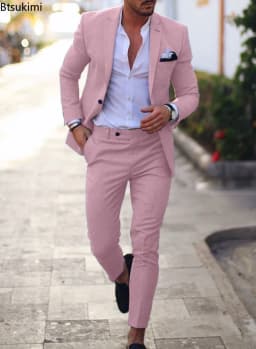 2026 Men's Suit Sets Fashion Party Formal Business Outfit Solid Tuxedo Single Button Blazer+Pants Wedding Groom Dress Two-pieces