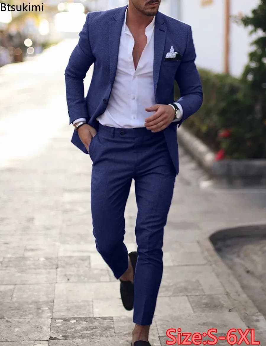 2026 Men's Suit Sets Fashion Party Formal Business Outfit Solid Tuxedo Single Button Blazer+Pants Wedding Groom Dress Two-pieces