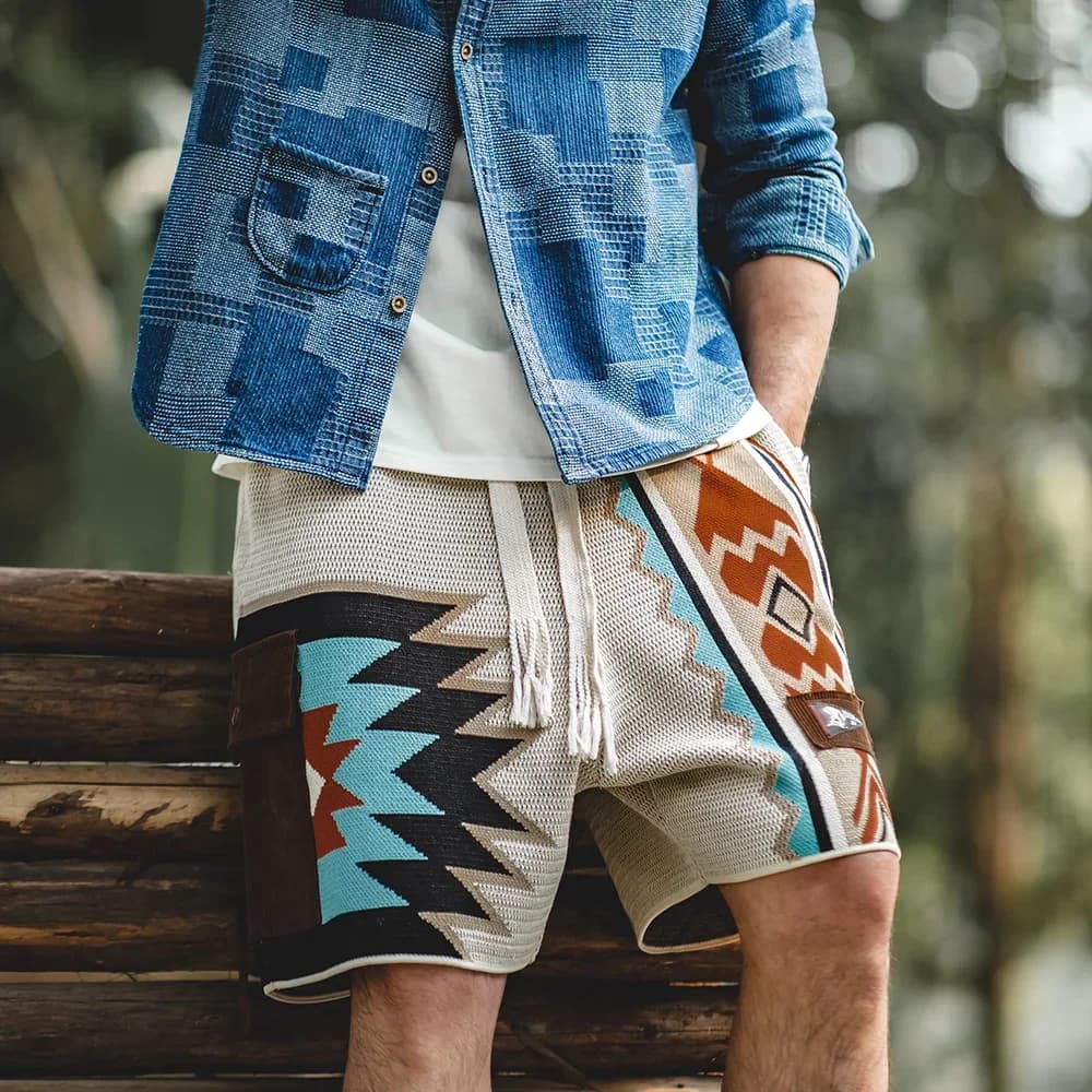 Maden Vintage Navajo Totem Knitted Shorts Men's Casual Embroidery Summer Beach Shorts Drawstring Elastic Waist Bottoms