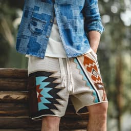Maden Vintage Navajo Totem Knitted Shorts Men's Casual Embroidery Summer Beach Shorts Drawstring Elastic Waist Bottoms