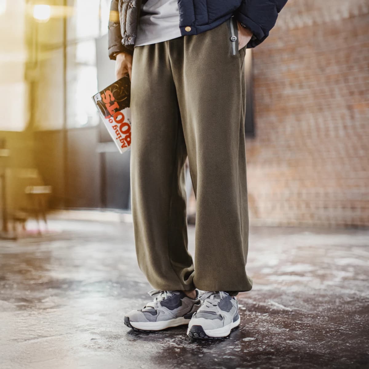 Maden Vintage Men's Brushed Fleece Sweatpants Olive Green Thermal Trousers Elastic Waist Cuffed Casual Pants for Autumn Winter