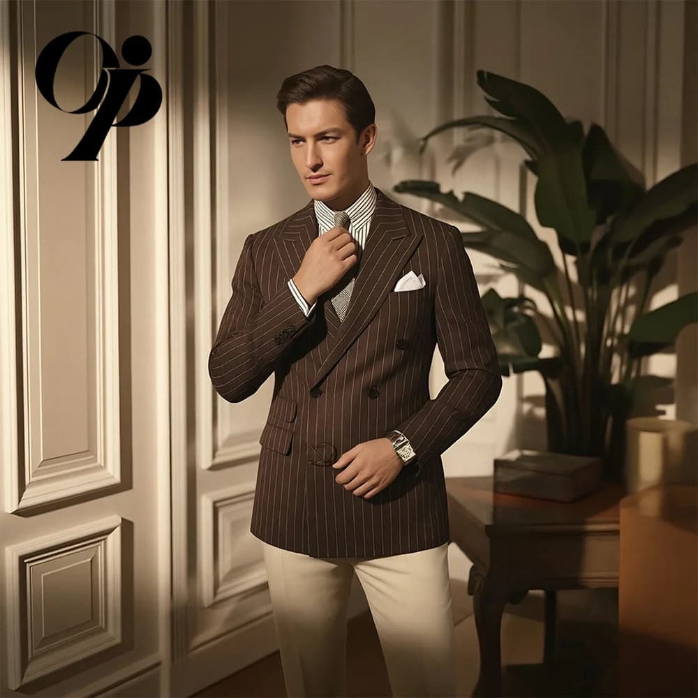 Opeodly Men's Brown Pinstripe 2-Piece Suit Slim Fit Double Breasted Traje para Hombre for Business Office and Formal Events