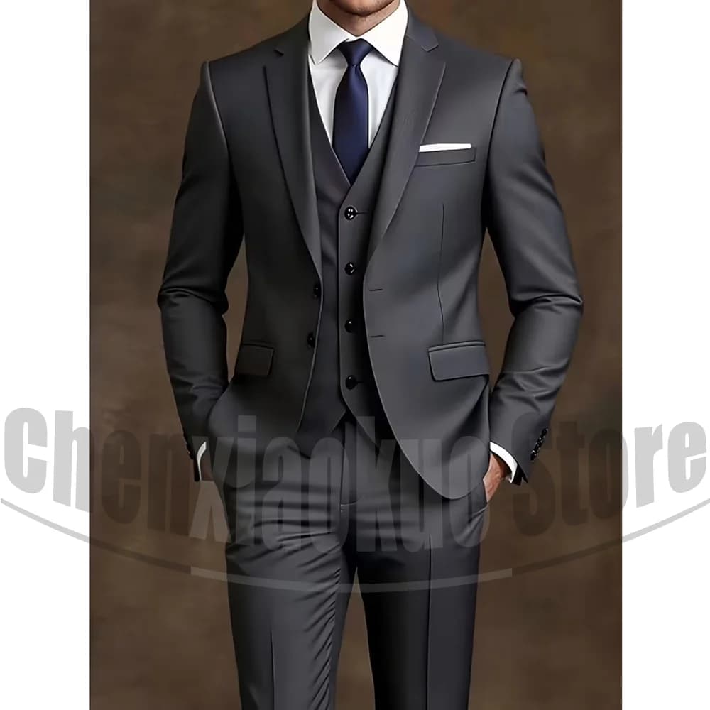 Chic Men Suit 3 Piece Notch Lapel Blazer Vest and Pants Formal Business Wedding Party Tuxedo Gentleman Smart Casual Outfit