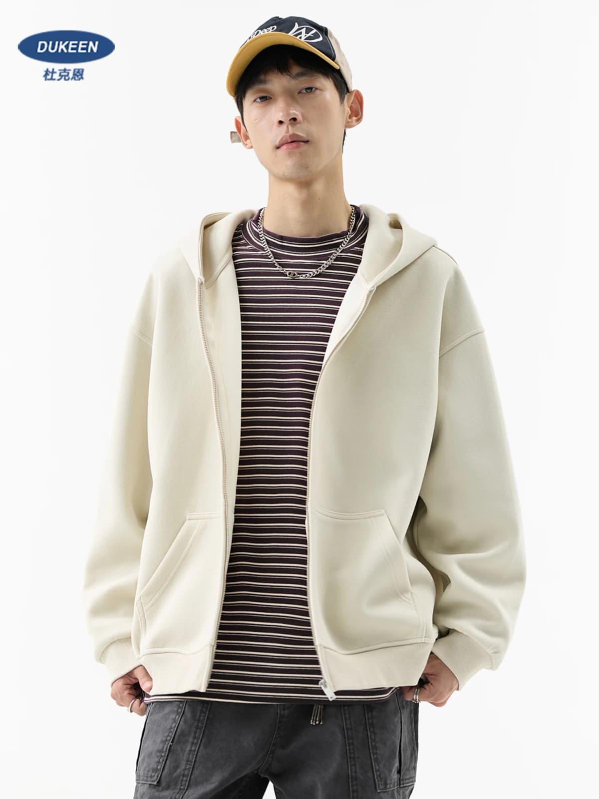 DUKEEN 450G Heavyweight Full-Zip Hoodie for Men Spring and Autumn Drop Shoulder Streetwear Sweatshirt Jacket Y2K Style