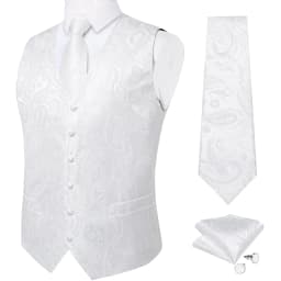 Pure White Wedding Vest for Man Sleeveless V-neck Satin Luxury Men Waistcoat Necktie Pocket Square Cufflinks Clip 5 PCS Set Gift