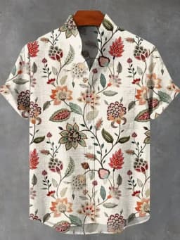 2025 Men's Irregular Pattern Linen Shirt Retro Print Short Sleeve Street Trend Vintage Style Comfort Fit