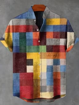 2025 Men's Irregular Pattern Linen Shirt Retro Print Short Sleeve Street Trend Vintage Style Comfort Fit