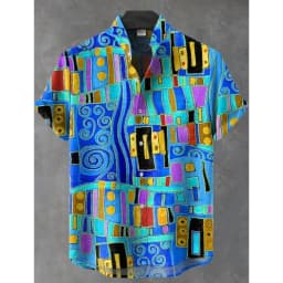2025 Men's Irregular Pattern Linen Shirt Retro Print Short Sleeve Street Trend Vintage Style Comfort Fit