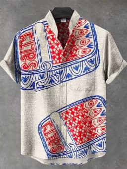 2025 Men's Irregular Pattern Linen Shirt Retro Print Short Sleeve Street Trend Vintage Style Comfort Fit