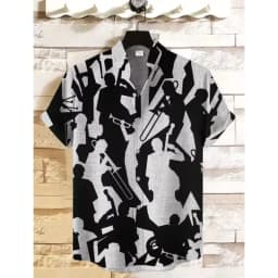 2025 Men's Irregular Pattern Linen Shirt Retro Print Short Sleeve Street Trend Vintage Style Comfort Fit