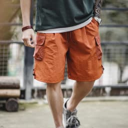Maden Summer Men Straight Shorts Orange Patchwork Gingham Loose Beach Pants Plus Size Shorts Elastic Waist Light Breathable