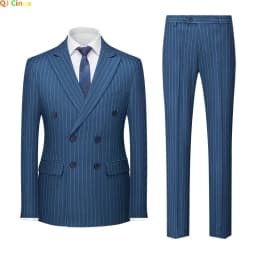 Men's Pinstripe Double-breasted Suit Two-piece, Wedding/Party/Business Dress Jacket and Pants,  Blue、Gray、RedSets, Asian Size