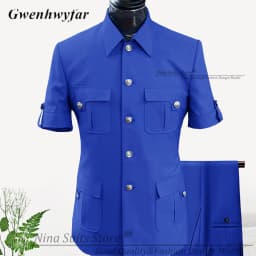 G&N Custom Made Africa Style Men Suits Sky Blue 2026 Short Sleeve Blazer Regular Pants for Business Men Formal Meeting Wear
