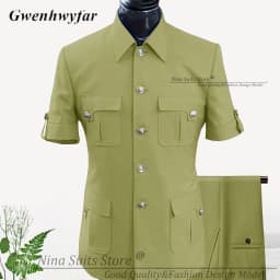 G&N Custom Made Africa Style Men Suits Sky Blue 2026 Short Sleeve Blazer Regular Pants for Business Men Formal Meeting Wear