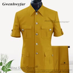 G&N Custom Made Africa Style Men Suits Sky Blue 2026 Short Sleeve Blazer Regular Pants for Business Men Formal Meeting Wear