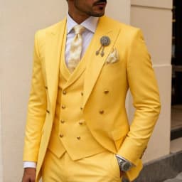 Mens White 3 Piece Suits Double Breasted Waistcoat Wedding Tuxedo Shiny Gold Buttons Luxury Formal Groom Prom Party Celebration