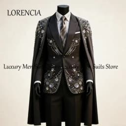 Elegant Rhinestone Male Suits with Cloak 2 Pieces Set Sparkling Wedding Party Tuxedos Groom Wear Customized disfraz de hombre
