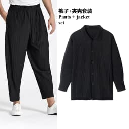 Pleated Long Sleeve Mens Shirt Jacket Simple Lapel Top Coat Jacket Stretch Straight Nine Pants Casual Harlequin Pants Set
