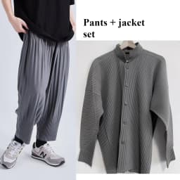 Pleated Long Sleeve Mens Shirt Jacket Simple Lapel Top Coat Jacket Stretch Straight Nine Pants Casual Harlequin Pants Set