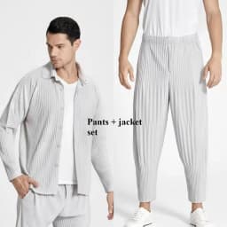 Pleated Long Sleeve Mens Shirt Jacket Simple Lapel Top Coat Jacket Stretch Straight Nine Pants Casual Harlequin Pants Set