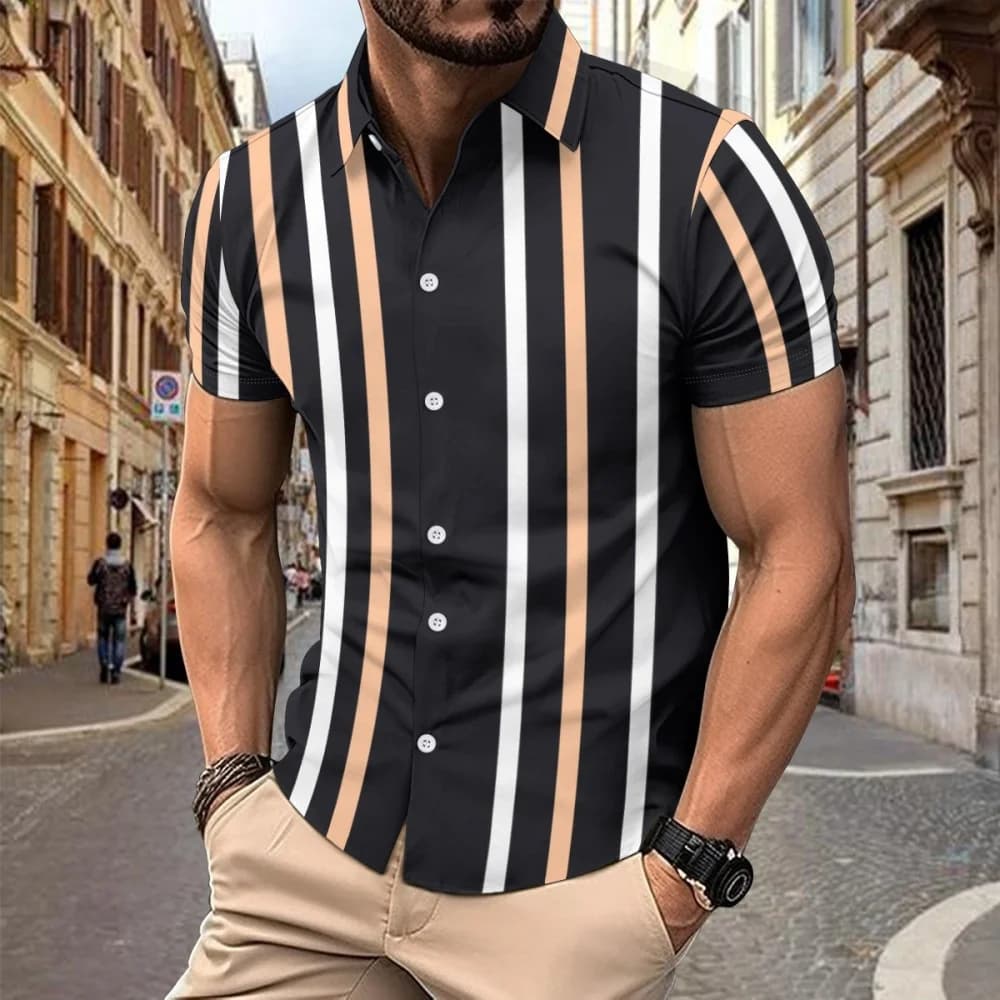 Hawaii Summer Men's Striped Printed Short Sleeved Shirt Casual Men's Loose Comfortable Versatile Men's Short Sleeved Shirts
