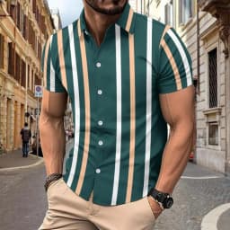 Hawaii Summer Men's Striped Printed Short Sleeved Shirt Casual Men's Loose Comfortable Versatile Men's Short Sleeved Shirts