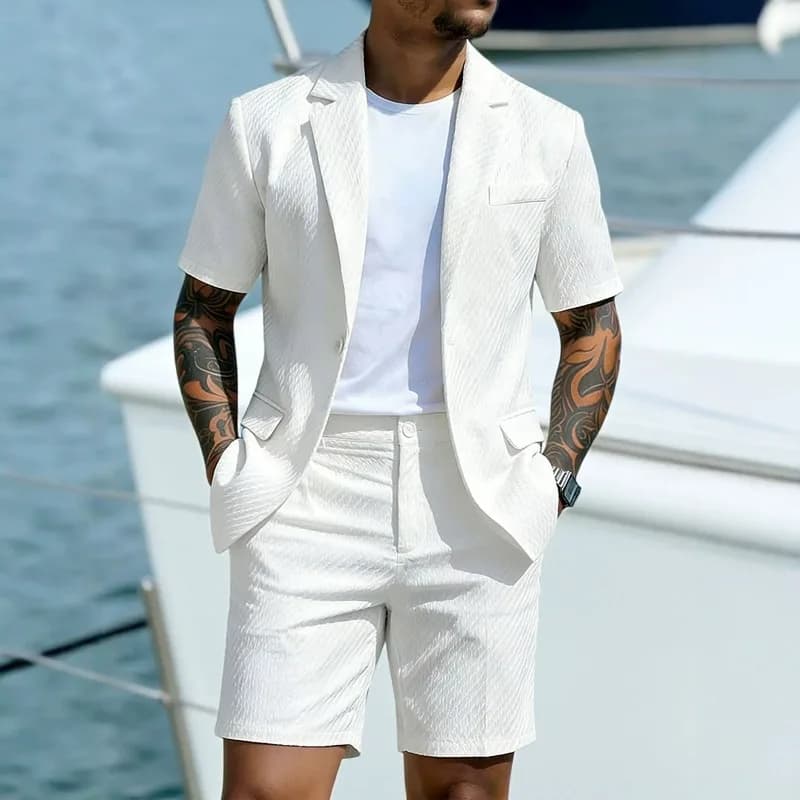KIDWHXR Men Suit Set Summer British Style Solid Color Short Sleeve Male Outfit Slim Breathable Business Wedding Man 2-piece Suit