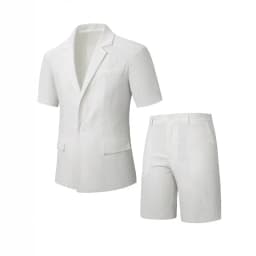 KIDWHXR Men Suit Set Summer British Style Solid Color Short Sleeve Male Outfit Slim Breathable Business Wedding Man 2-piece Suit