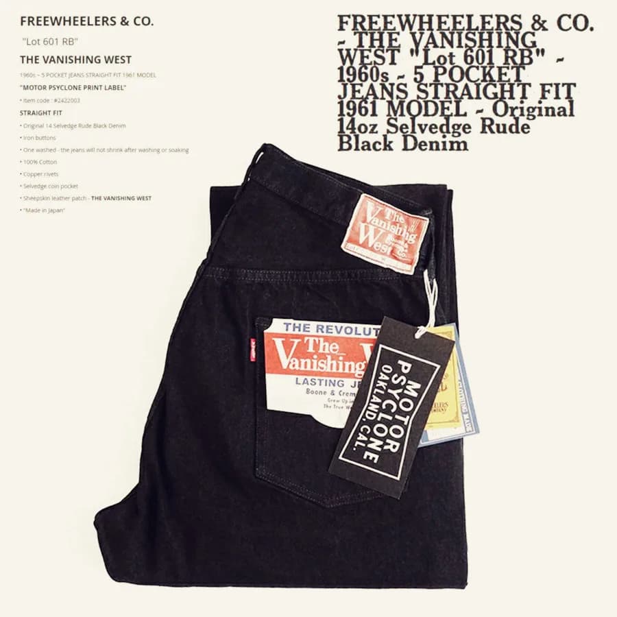 FREEWHEELERS & CO Lot 601 14oz Red Ear Black Jeans