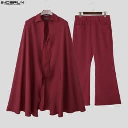INCERUN Men Sets Solid Color Lapel Long Sleeve Long Style Cloak Blazer & Pants 2PCS Streetwear Loose Fashion Men's Casual Suits