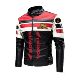 Honda colour-blocked stand-collar PU leather biker jacket, thin casual leather jacket for men, spring and autumn, eBay