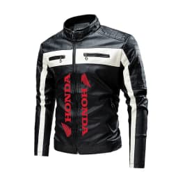 Honda colour-blocked stand-collar PU leather biker jacket, thin casual leather jacket for men, spring and autumn, eBay