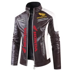 Honda colour-blocked stand-collar PU leather biker jacket, thin casual leather jacket for men, spring and autumn, eBay